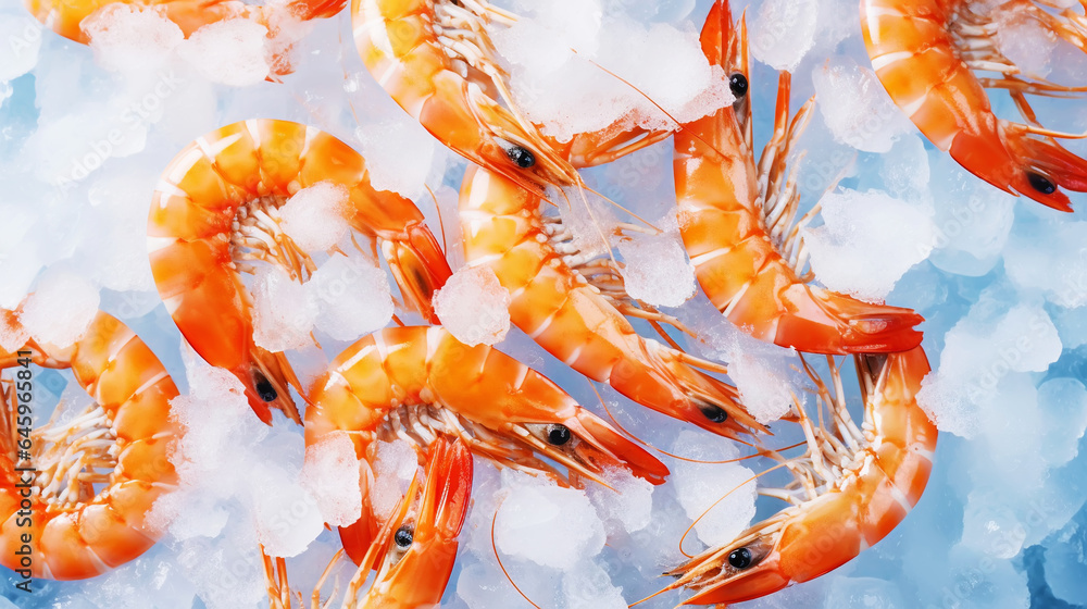 Top view of raw whole king prawns on ice. Seafood background. Generative AI