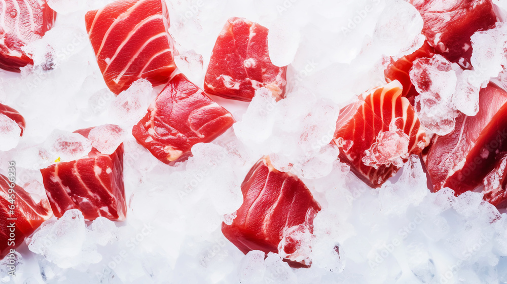 Slices of tuna fish on the ice cubes. Fresh fish fillet. Seafood background. Generative AI