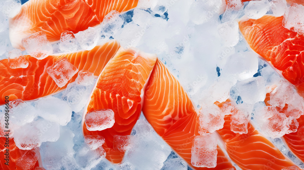 Fresh salmon fillet on ice. Red tasty fish meat. Seafood background. Generative AI