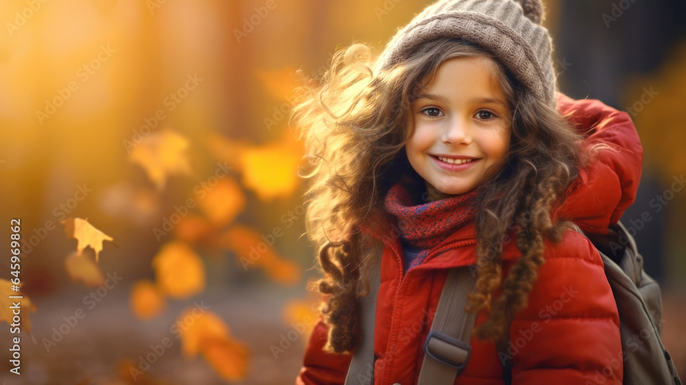 7 year old girl closeup portrait against falling golden leaves in autumn park. Generative AI