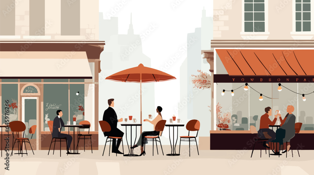 A cozy cafe in a noisy city, street cafe, 2d vector flat illustrations.