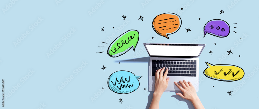 Speech bubbles and a laptop computer