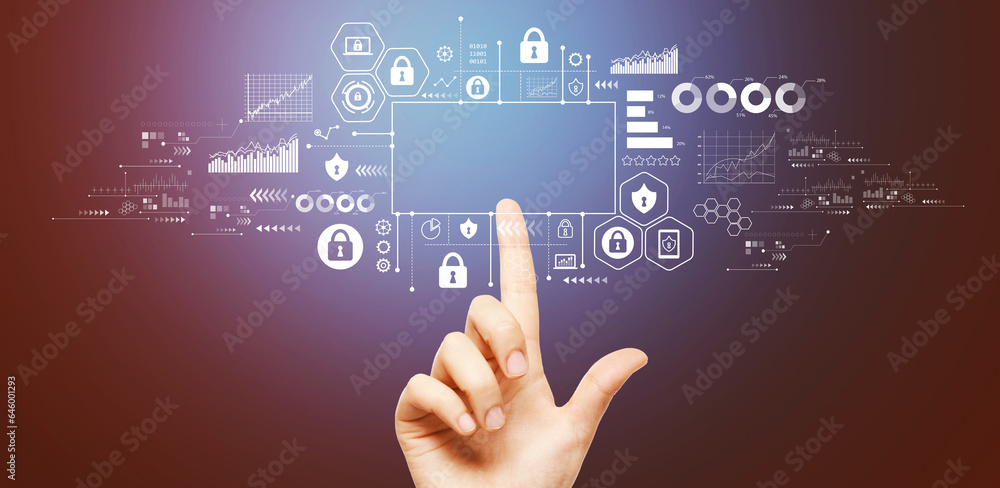 Cyber security theme with hand pressing a button on a technology screen