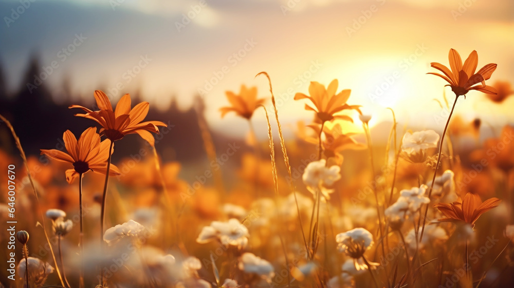 Field full of autumn flowers at sunrise