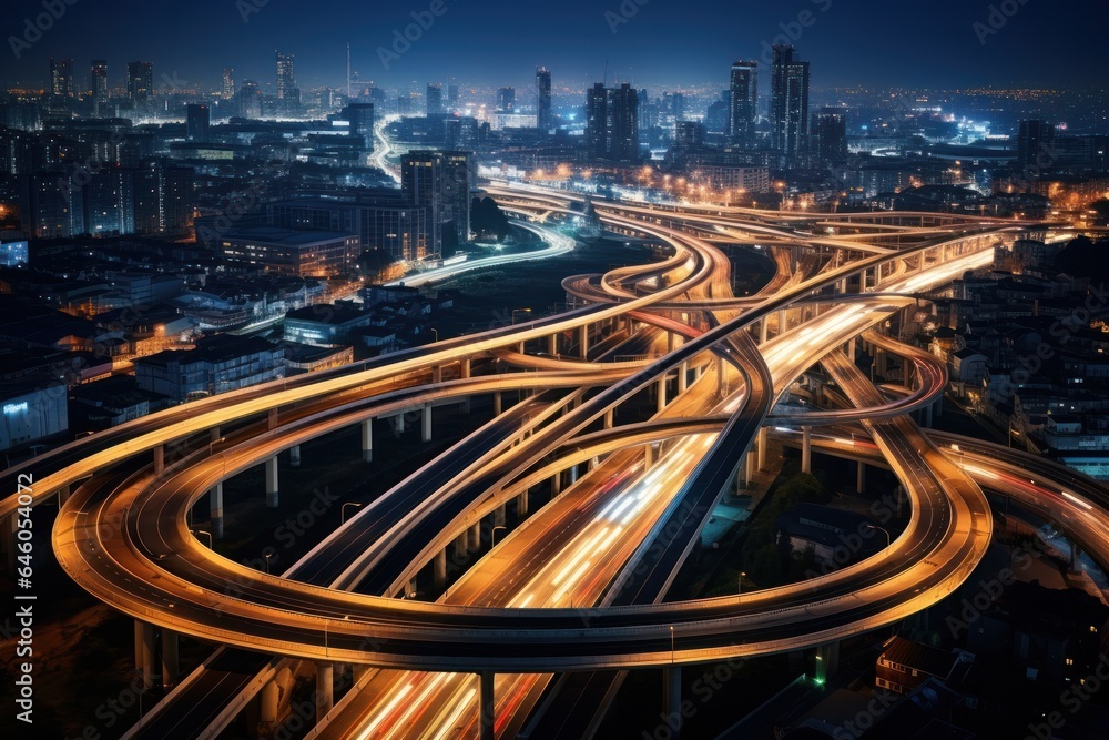 A street at night with vehicles and highways