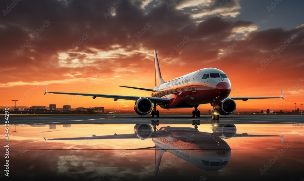 The sun is setting behind a plane on an airport