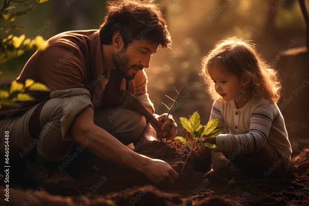 Family planting tree in garden