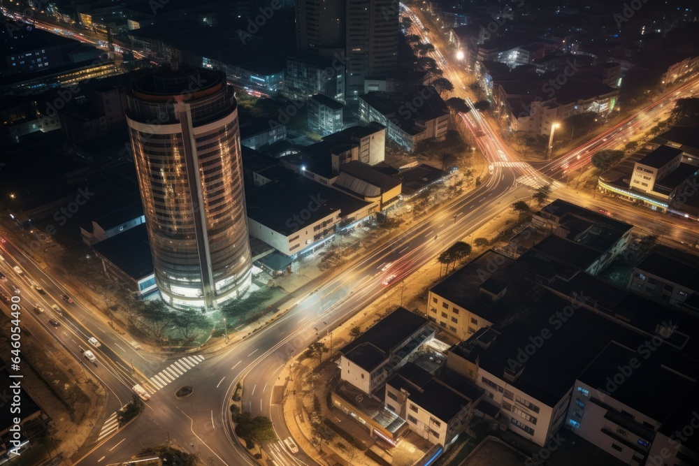 A street at night with vehicles and highways