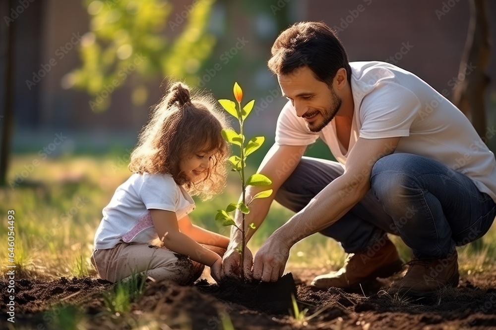 Family planting tree in garden