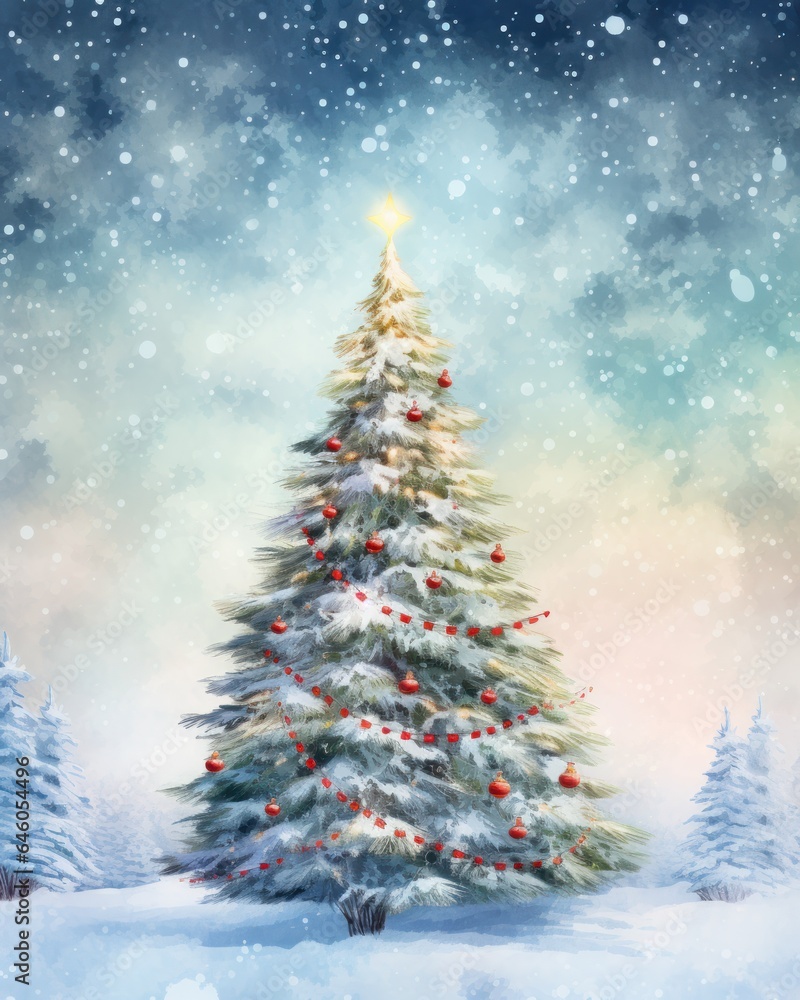 Watercolor illustration of Christmas tree