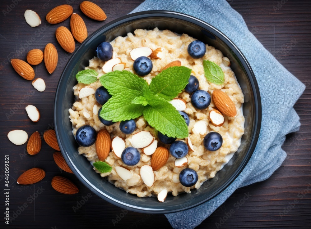 Fresh blueberries and almonds over oatmeal in a bowl