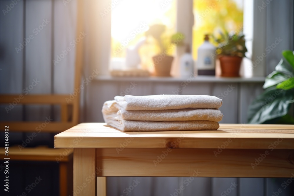 Towel on a wooden bench at the laundry room