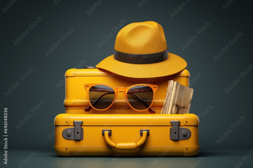 Yellow suitcase and a hat