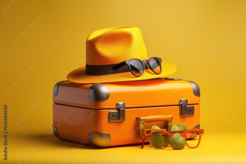 Yellow suitcase and a hat.