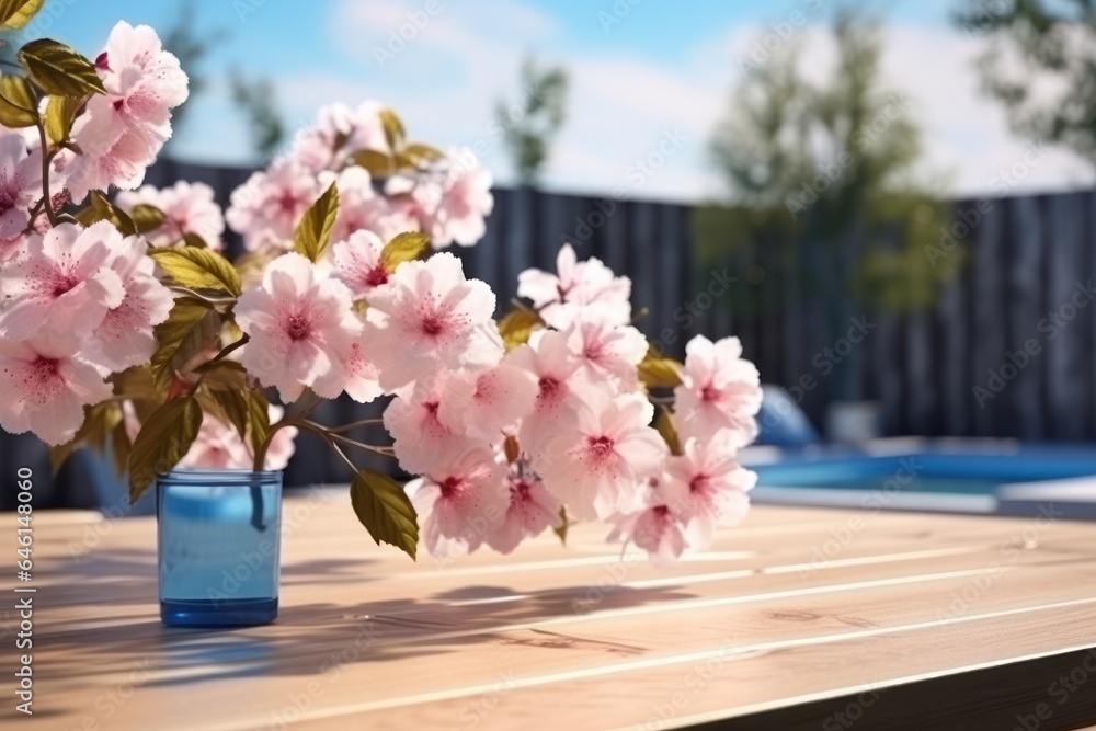 Empty wooden floor with pink flowers