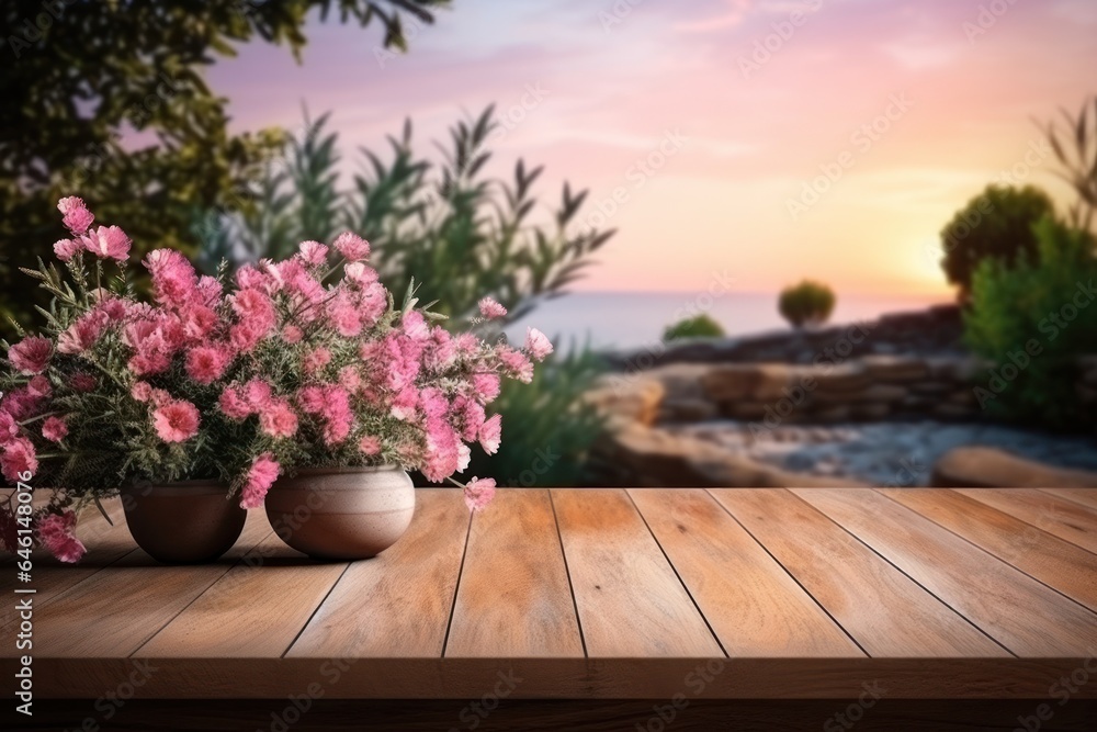 Empty wooden floor with pink flowers