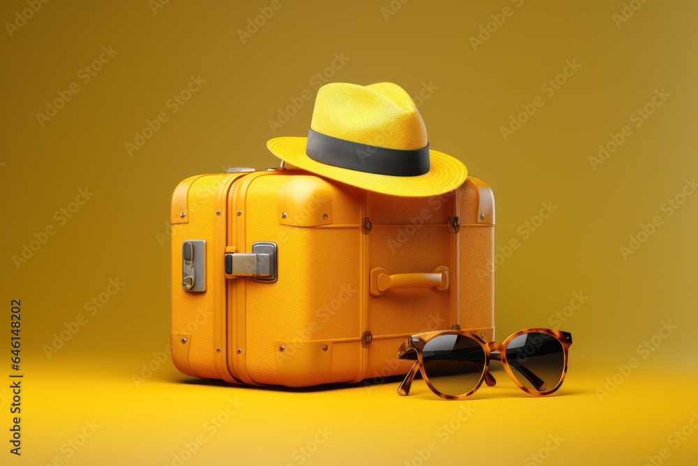 Yellow suitcase and a hat