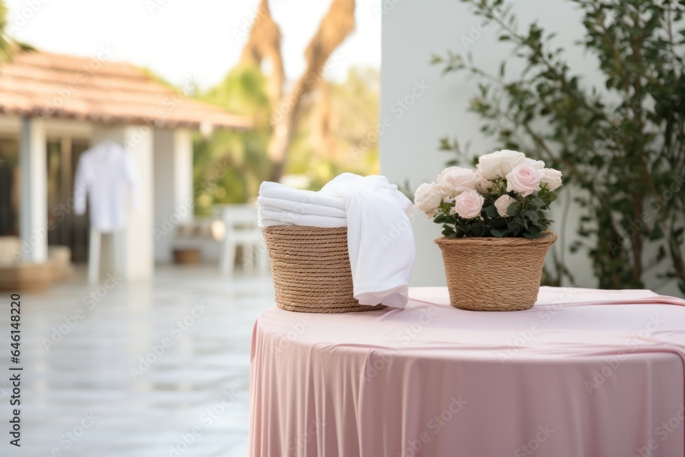 Laundry basket on top of a white table