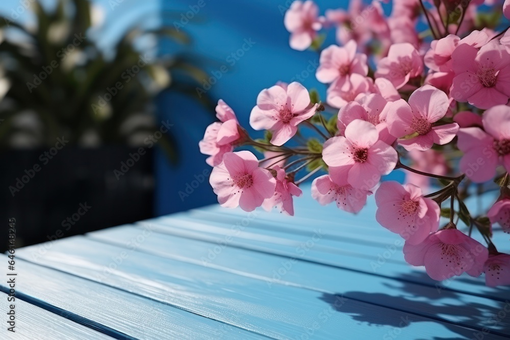 Empty wooden floor with pink flowers