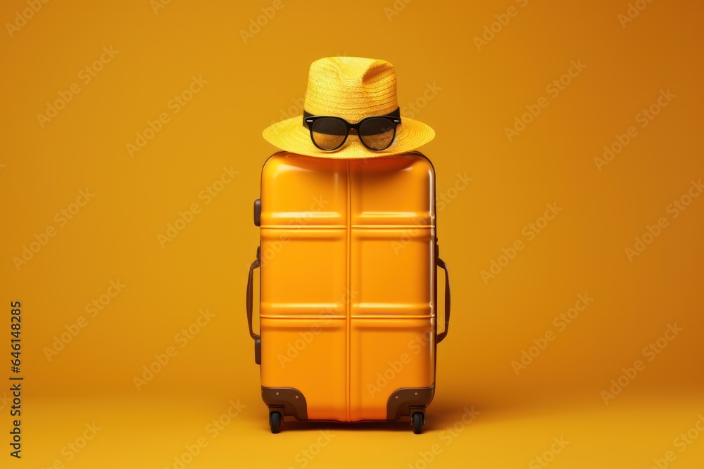 Yellow suitcase and a hat.