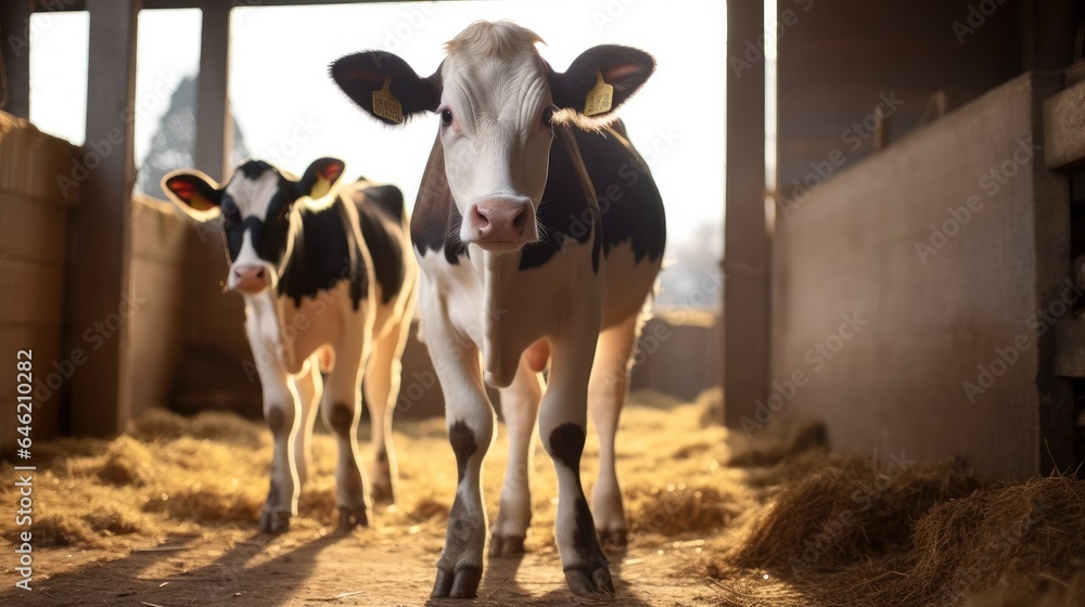 Portrait of cow in milking shed at dairy farm.