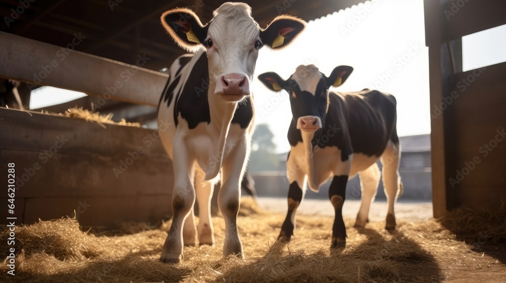 A cow with a small calf is standing in a cowshed.