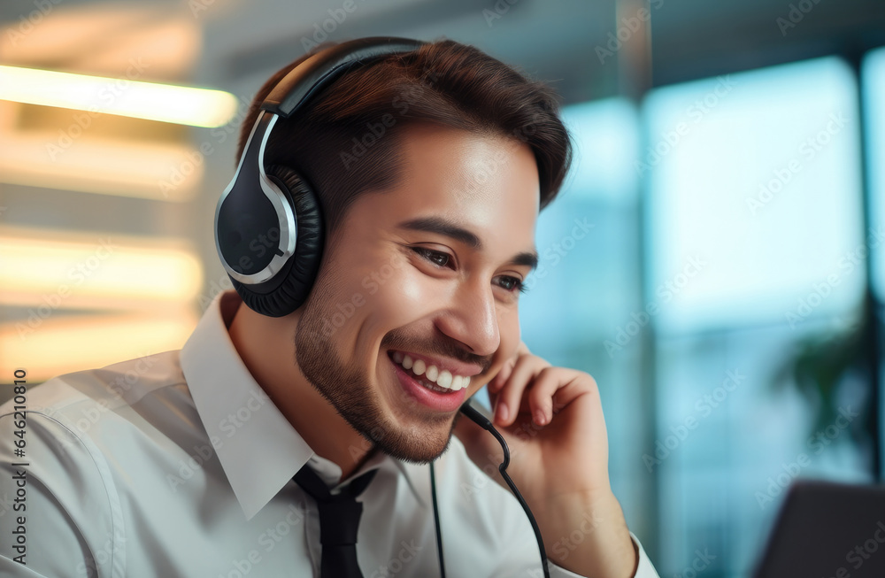 Call center young man agent consulting a buyer via video call in an office.