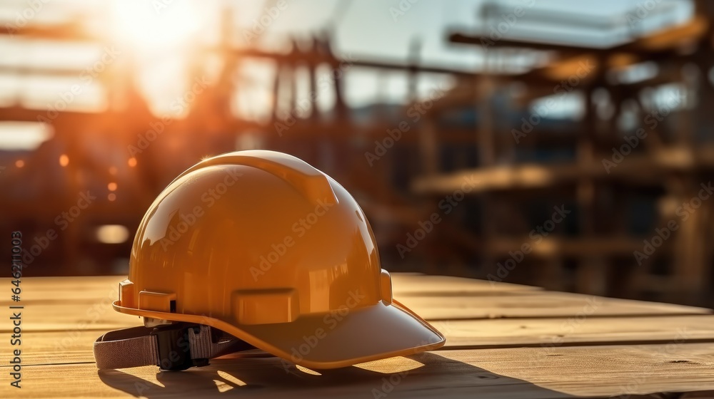 Safety hat at construction site, Construction safety.