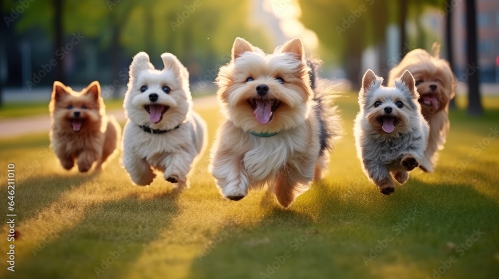 Cute dogs group running and playing in park.