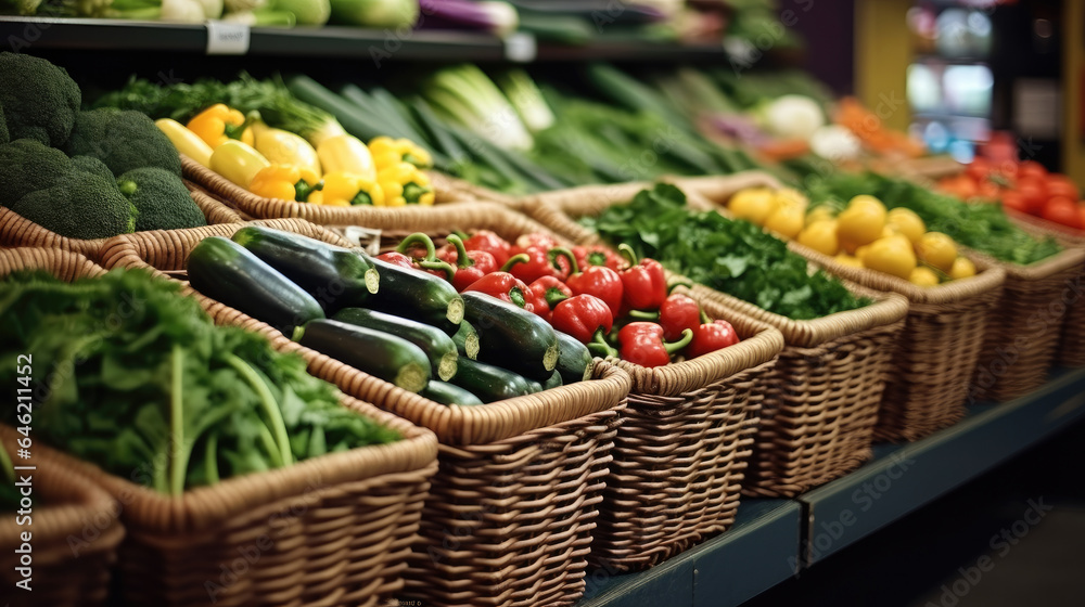 Fresh colorful vegetables in basket with plants on shelf in supermarket at shopping mall.