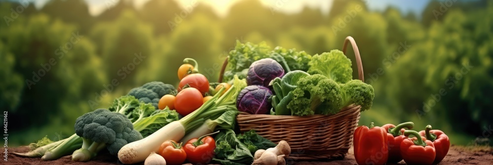 Fresh green and mix colored vegetables in big basket in agricultural background.