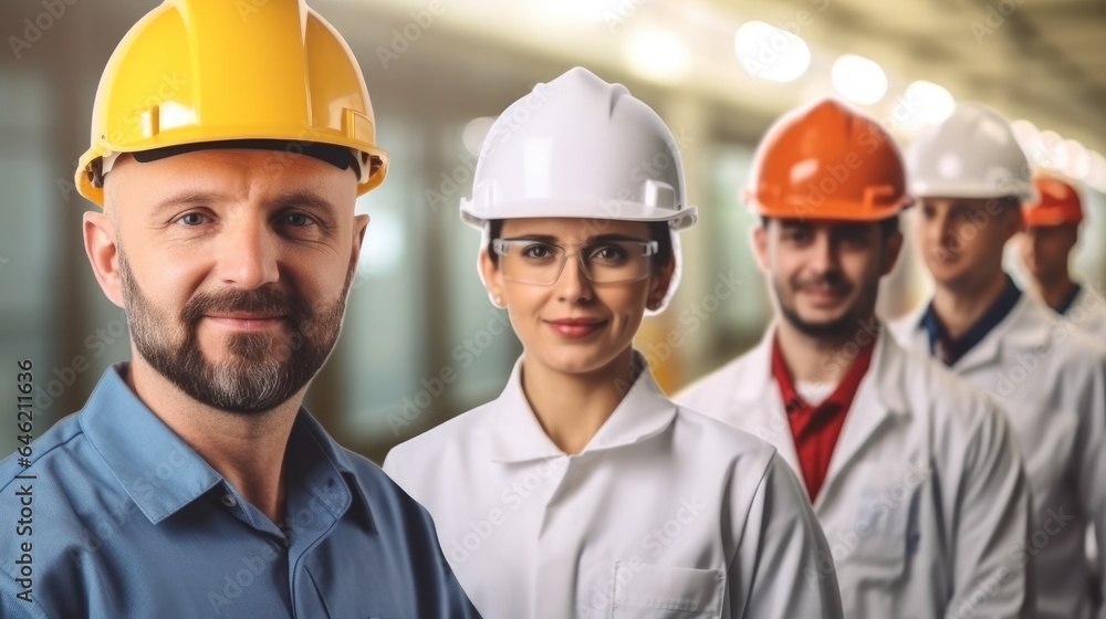 Group of factory workers at work in industry factory.