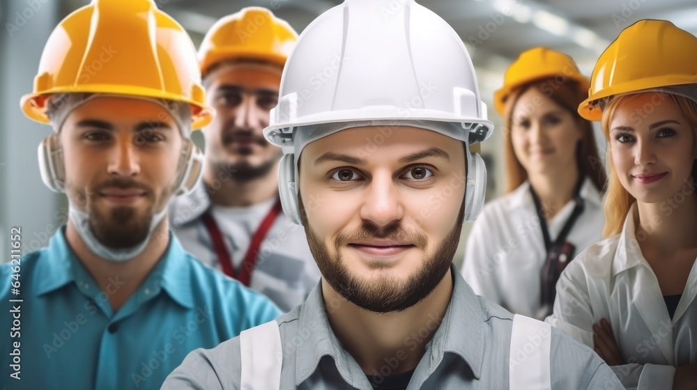 Group of factory workers at work in industry factory.