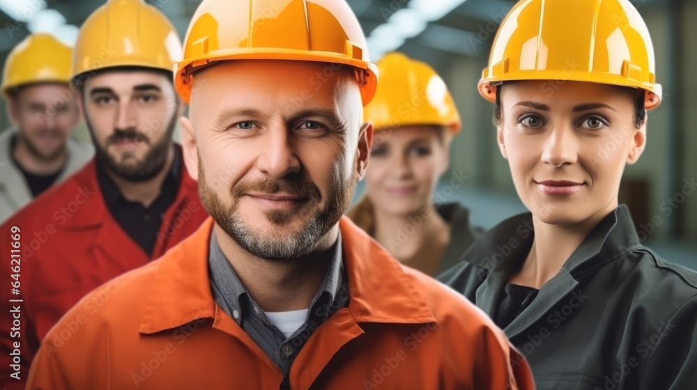 Group of factory workers at work in industry factory.