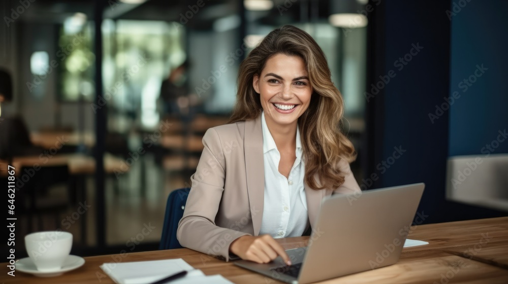 Professional business woman manager executive working on laptop computer in office.