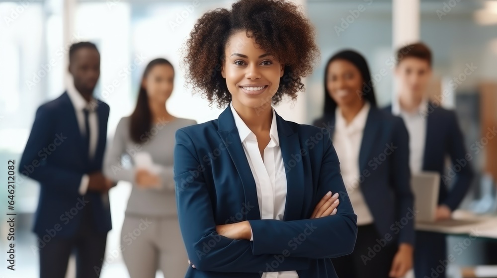 Portrait of black woman in the office with confidence with a team of lawyers for legal project in wo