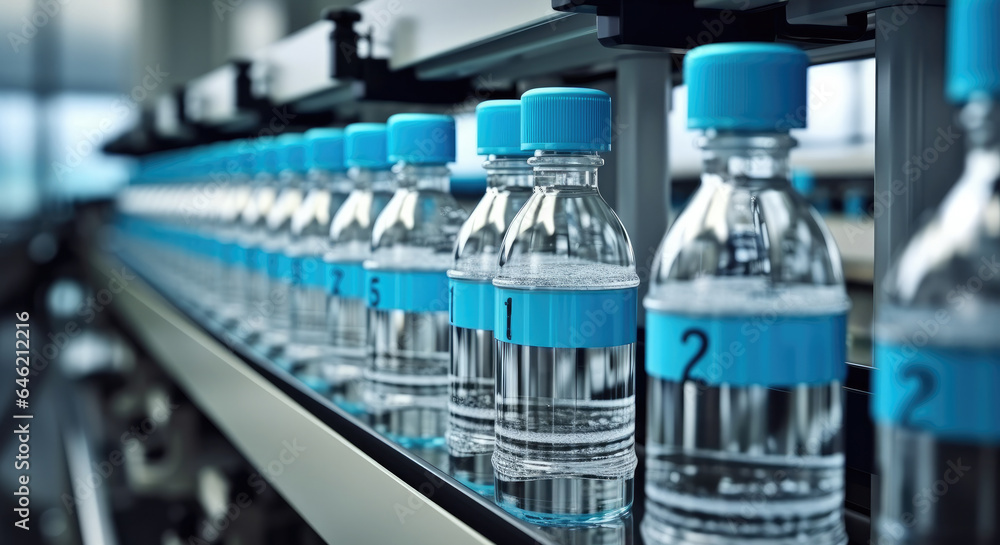 Line of bottling beverages in plastic bottles at clean factory.