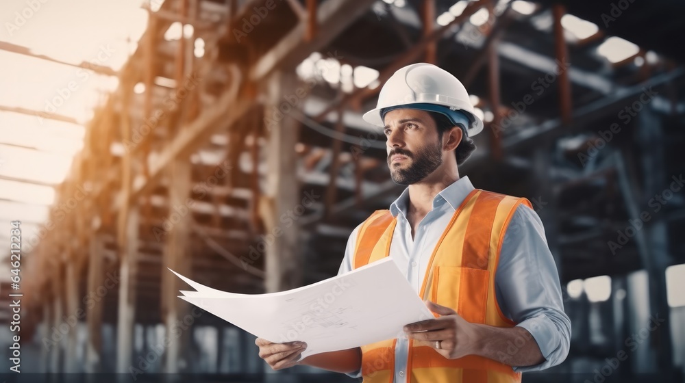 Architects look blueprints and checking building site.