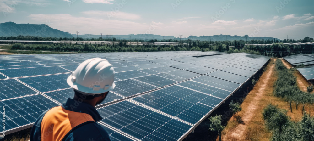 Workers at a renewable energy plan, Man working in solar power station.