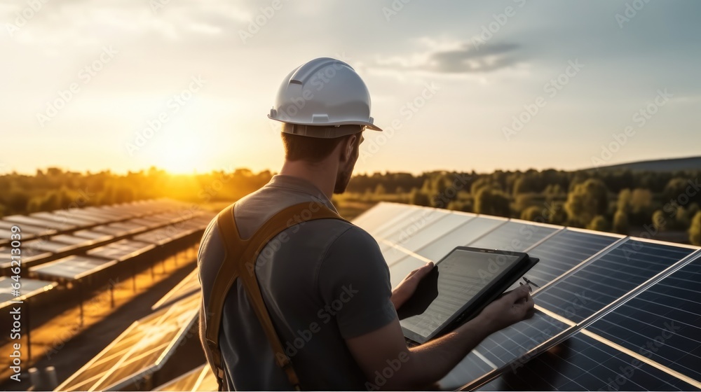 Workers at a renewable energy plan, Man working in solar power station.