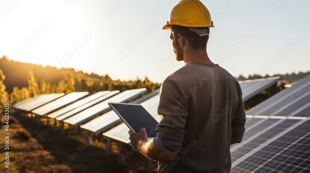 Engineer holding tablet control and checking solar cell farm.