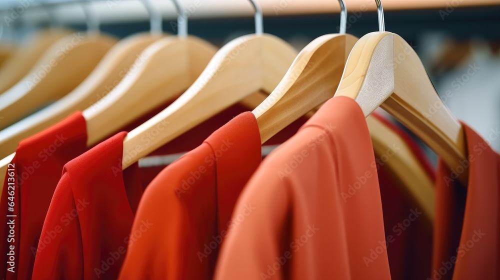 Red and wooden hanger hanging on metal pipe at shopping mall, Business leader selling clothes and st