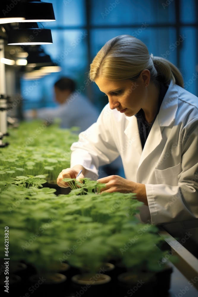 A researcher in a lab coat are analyzing soybean plants in laboratory.