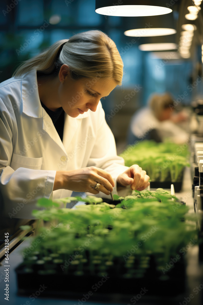 A researcher in a lab coat are analyzing soybean plants in laboratory.