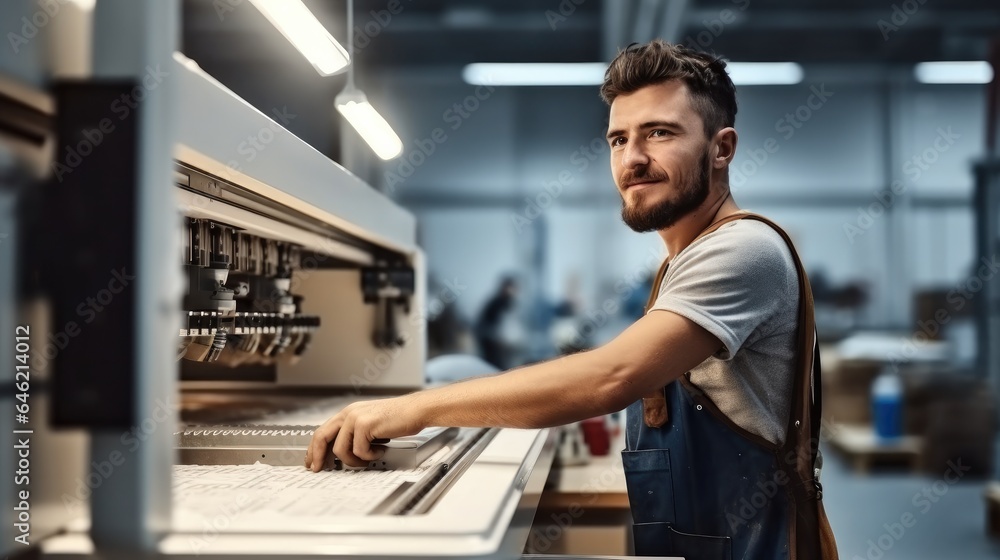 Carpenter worker using CNC Wood cutting machine in woodworking company.