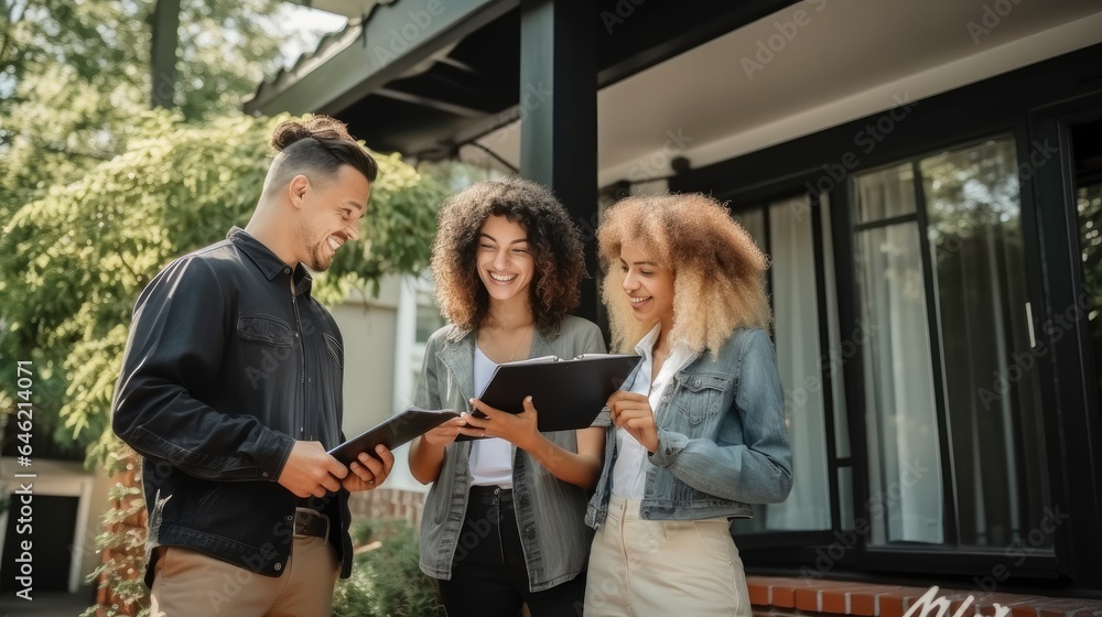 Smiling real estate agent showing documents to couple at new home.