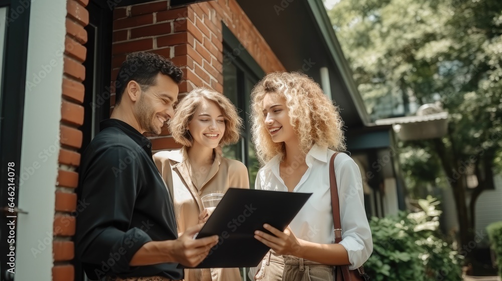 Smiling real estate agent showing documents to couple at new home.