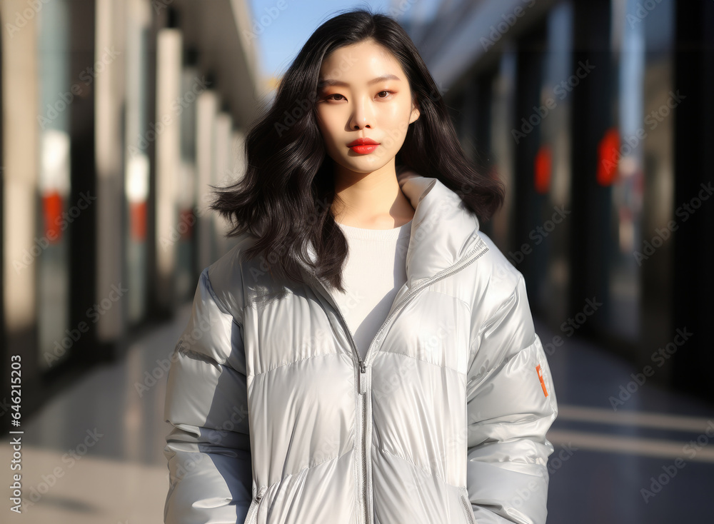 Young Asian beauty dressed in an elegant silver standing nearby building.