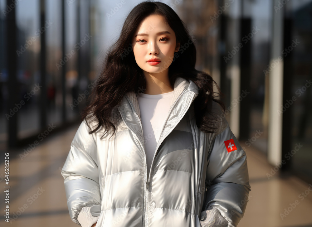 Young Asian beauty dressed in an elegant silver standing nearby building.