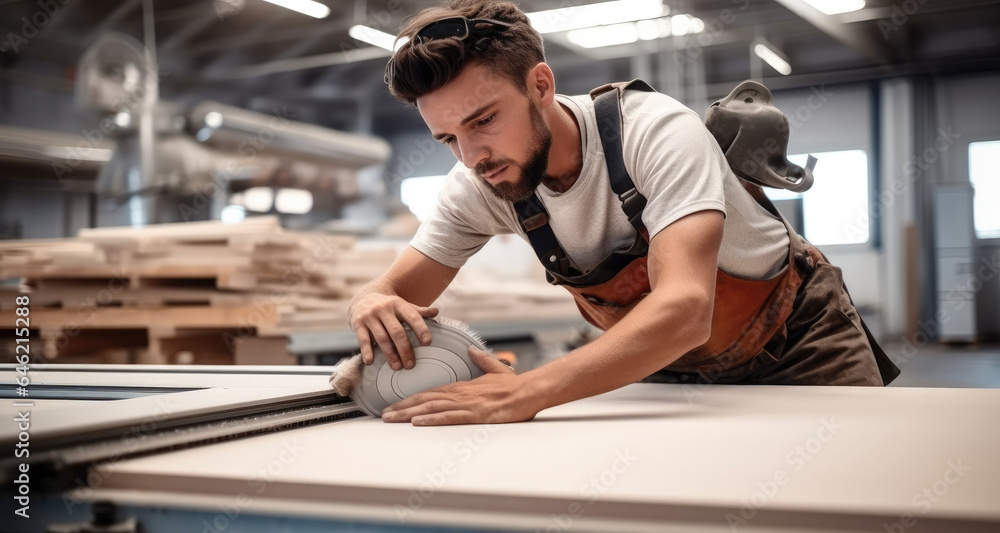 Carpenter man looking and choosing wood plank at wood factory.